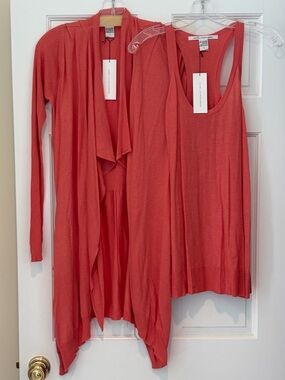 NWT Diane Von Furstenberg Soft Mango Knit Danica Tank & Cheva Cardigan Set